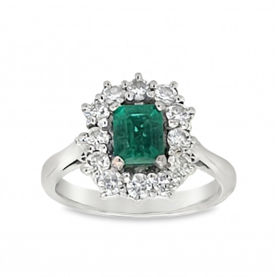 Pre Owned 18ct White Gold Emerald and Diamond Cluster Ring ZB879
